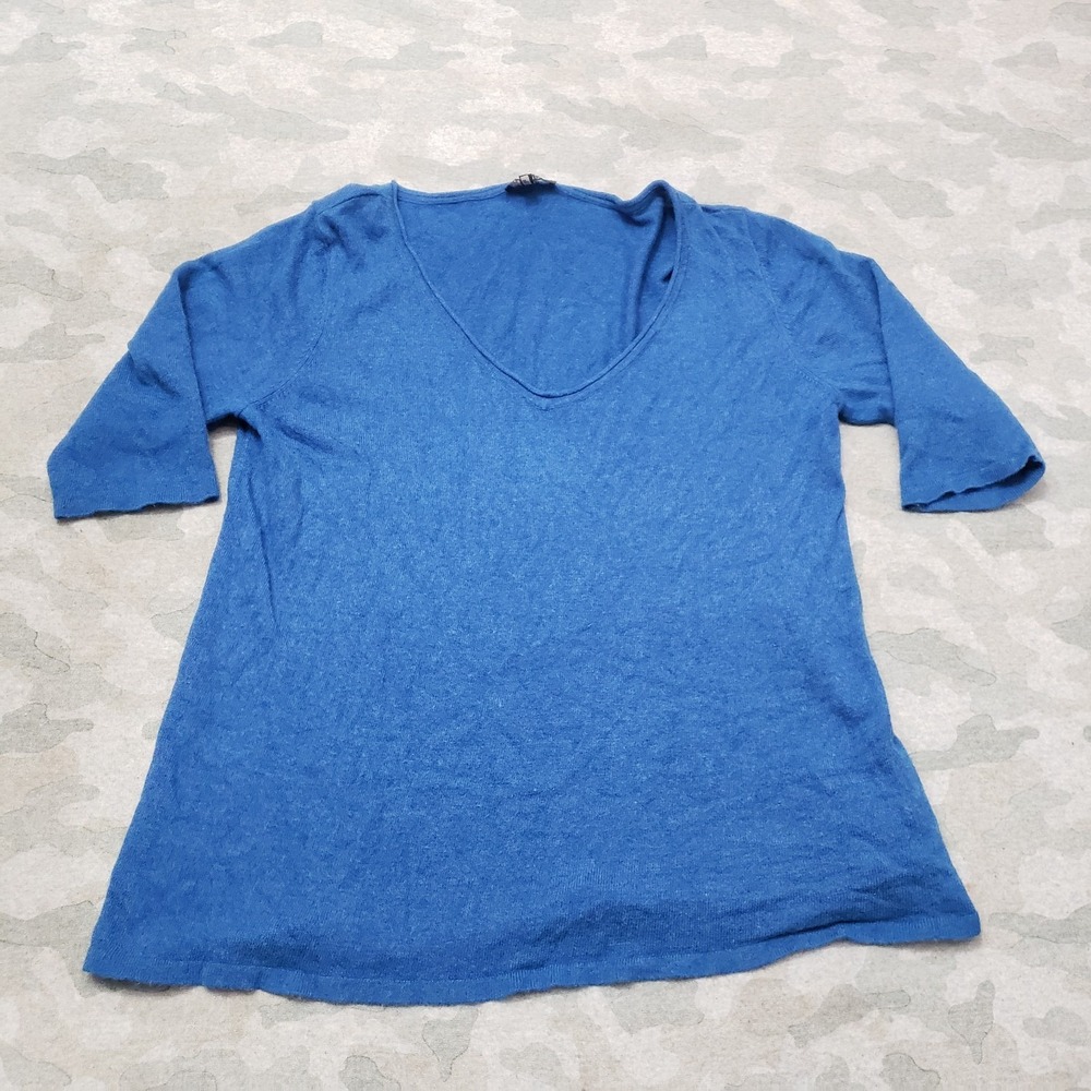 Eileen Fisher Top Womens Large Blue Wool Pullover V-Neck Half Sleeve